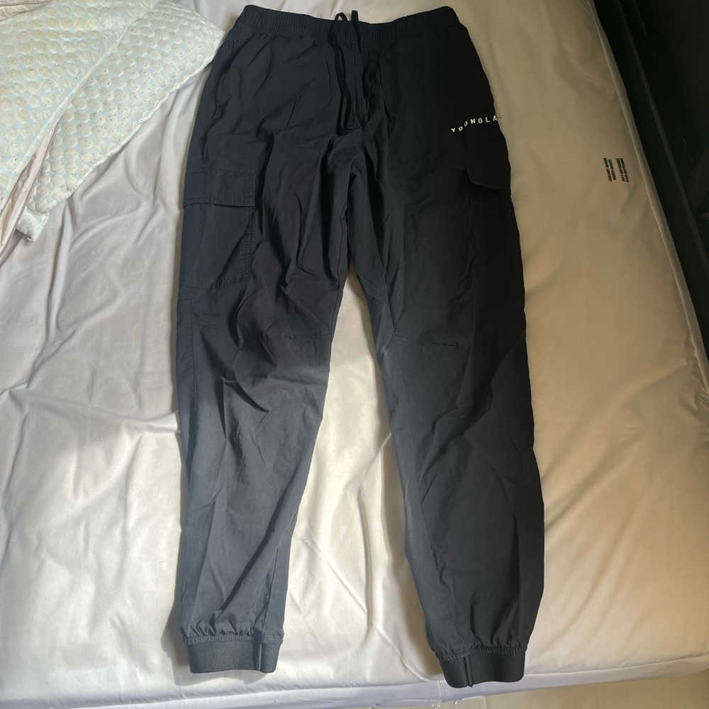 YoungLA Black Cargo Pants Elastic Cuffs Drawstring Waistband